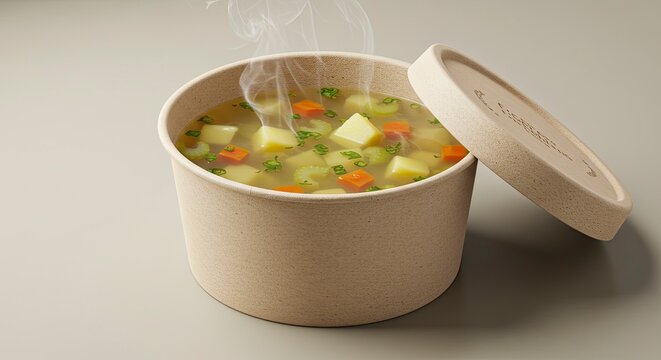 Steaming Vegetable Soup in Eco-Friendly Takeout Container:  Warm, inviting, and subtly textured image of a delicious-looking vegetable soup served in a sustaina