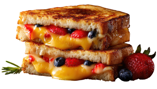 Melted cheese, berry, and toast sandwich. Two golden-brown slices of toasted bread sandwich melted cheese, fresh strawberries, and blueberries