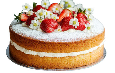 Homemade sponge cake adorned with fresh edible flowers and sprinkled powdered sugar on transparent background