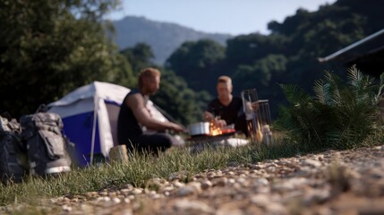 Camping cooking experience forest outdoor activity nature close-up view friendship and adventure