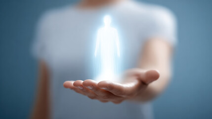 Digital twin technology shows glowing human figure simulation in hand with ai concept for futuristic innovation and virtual reality