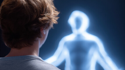 Young person observes glowing digital twin figure in dark environment symbolizing ai simulation and futuristic technology interaction
