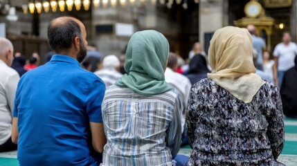 Fototapeta premium Community gathering at mosque religious ceremony cultural event indoor space rear view unity in diversity