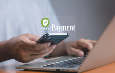 Secure mobile payment with password verification, showing safe digital transaction, mobile banking, financial technology, and data protection for e-commerce and online financial services.