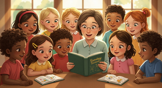 A teacher is reading a story in a Sunday school classroom, and a motley group of cheerful children are listening with interest. Illustration