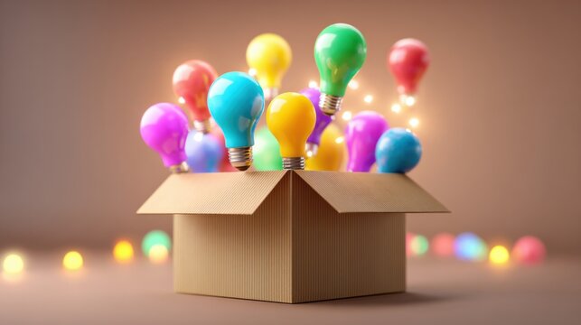 A cardboard box overflows with vibrant light bulbs in various colors, symbolizing creativity and innovative ideas generated in a brainstorming environment.