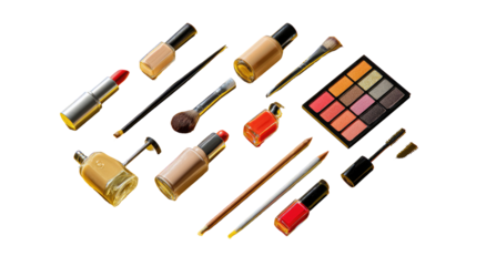 Cosmetic products arranged in a diamond pattern.  Various shades of foundation, lipstick, eyeshadow palettes, nail polish, brushes, and applicators.  Geometric design