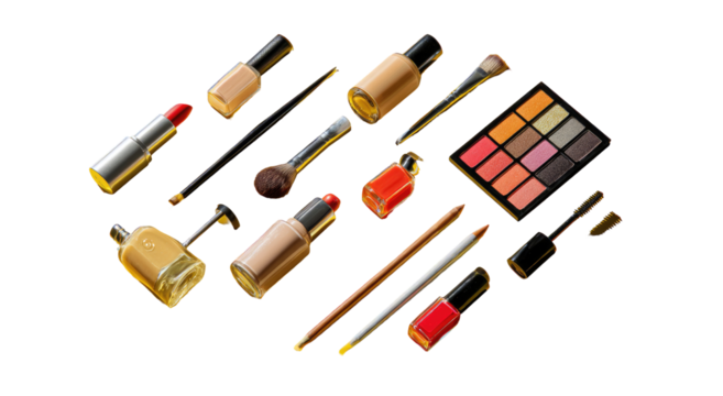 Cosmetic products arranged in a diamond pattern.  Various shades of foundation, lipstick, eyeshadow palettes, nail polish, brushes, and applicators.  Geometric design