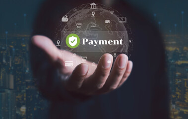 Secure global payment concept with digital finance, fintech, and safe money transfer technology, symbolizing online banking, e-commerce, and financial security in futuristic virtual world.