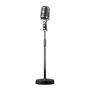 Retro microphone on stand isolated on transparent background, a vintage audio equipment for music recording and broadcasting in a studio setting