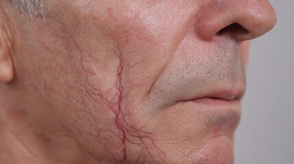 Obraz premium Close-up view of an elderly man's face highlighting noticeable facial veins on the cheek. The skin condition presents a network of reddish lines, indicating potential health issues.