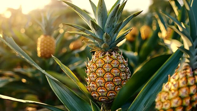 A vibrant pineapple in a lush field during sunset, showcasing agricultural beauty and nature