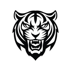 Fototapeta premium Angry tiger head illustration in black and white. Perfect for mascot, tattoo design, sports team logo, emblem, and vector art