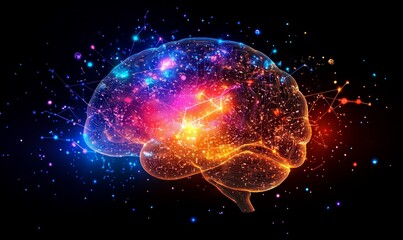 Big data and artificial intelligence concept, depicting a human brain glowing from a processor, symbolizing the fusion of human intelligence with machine learning capabilities, Generative AI