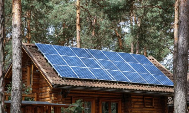 Solar panels on a log cabin roof in a forest