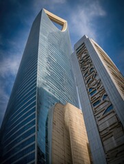 Obraz premium Two modern skyscrapers against a dramatic sky