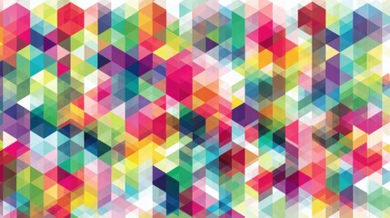 A lively arrangement of colorful geometric shapes forms an abstract pattern, showcasing a blend of hues and angles. This artwork creates an engaging visual experience, perfect for modern decor.