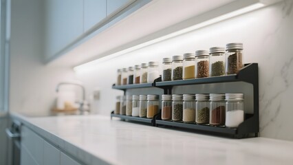 Modern kitchen spice rack with neatly arranged glass jars on a sleek countertop.