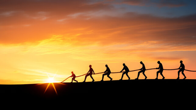 Teamwork unity silhouette people rope sunset cooperation success motivation