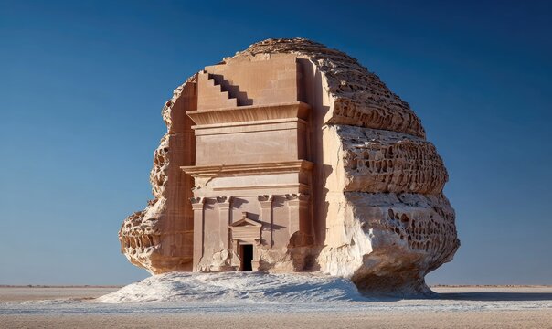 Ancient tomb nestled in a rocky outcrop, bathed in sunlight.  A large, light beige stone structure, seemingly carved into a hill,  displays architectural details.  Vast, arid landscape surrounds it - Powered by Adobe