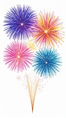 Vibrant Fireworks Display on White Background with Blue Orange and Pink Hues