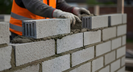 Construction worker laying concrete blocks with mortar on a brick wall at a building site.