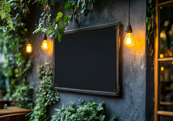 Black square sign mockup hanging on modern craft brewery exterior wall, pub or restaurant branding template with empty copyspace for logo, urban commercial building facade