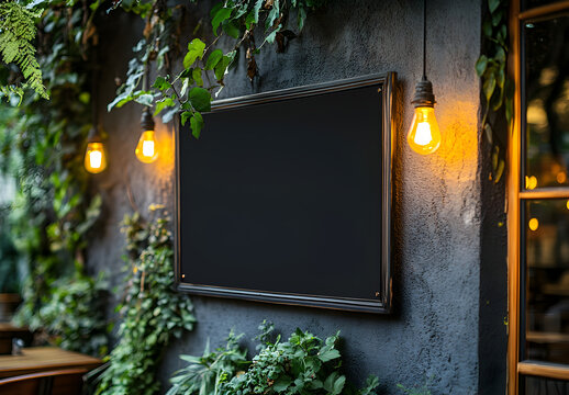 Black square sign mockup hanging on modern craft brewery exterior wall, pub or restaurant branding template with empty copyspace for logo, urban commercial building facade - Powered by Adobe