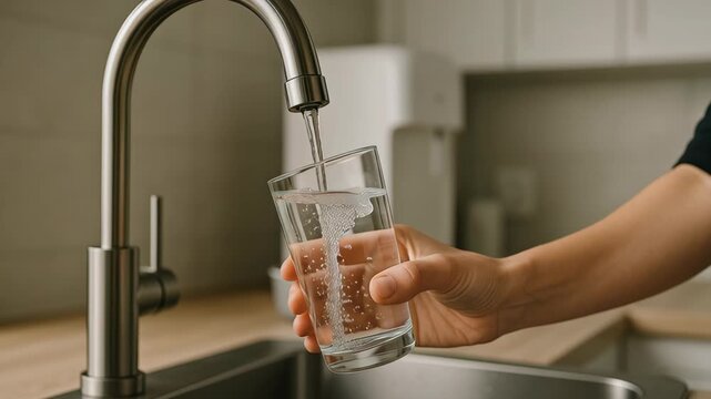 Clean water flows from home faucet into glass held by hand near water purifier in modern kitchen creating refreshing moment