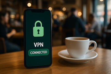 Hand Holding a Smartphone with a "VPN Connected" Lock Icon on a Cafe Table