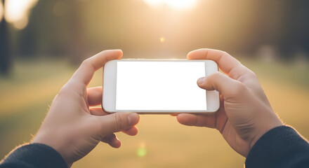 Hands holding smartphone blank screen sunset background mobile photography technology app mockup device display internet communication connection online social media website