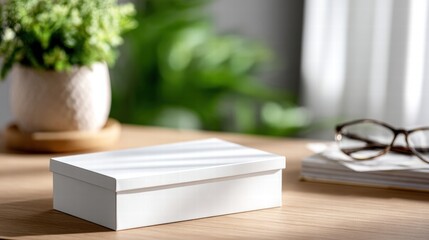 Modern office workspace with organized desk stylish decor ergonomic chair green plant glasses and computer for professional productivity and clean environment