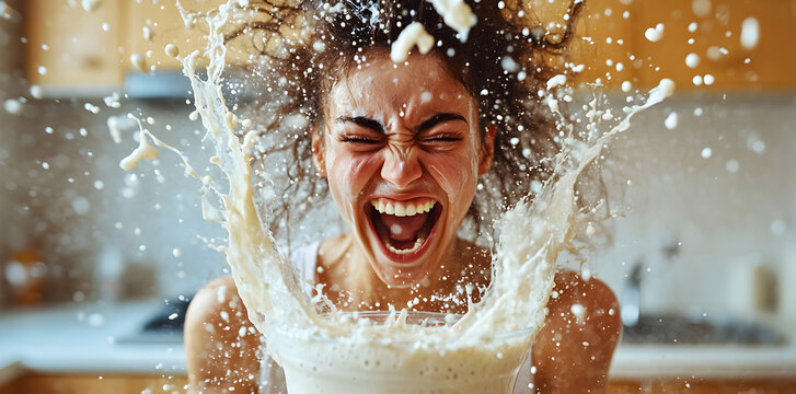 Kitchen disaster with annoyed woman covered in smoothie after blender accident, home cooking DIY fail concept, messy lifestyle scene symbolizing frustration, aggravation and domestic mishap