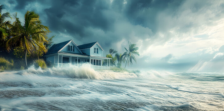 Wide banner depiction of Florida beachfront house under hurricane conditions, fictitious flooding and storm surge event, dramatic coastal disaster illustration showing extreme storm weather