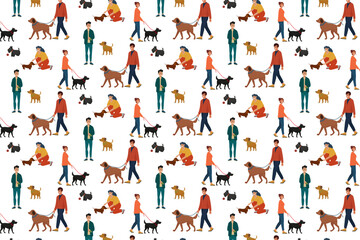 Seamless pattern with young and old people walking with dogs of different breeds and colors. vector illustration on white background.