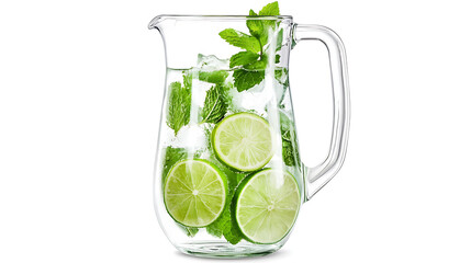 Refreshing pitcher filled with water, fresh mint leaves, and lime slices, perfect for summer drink. Enjoy cool and invigorating flavors