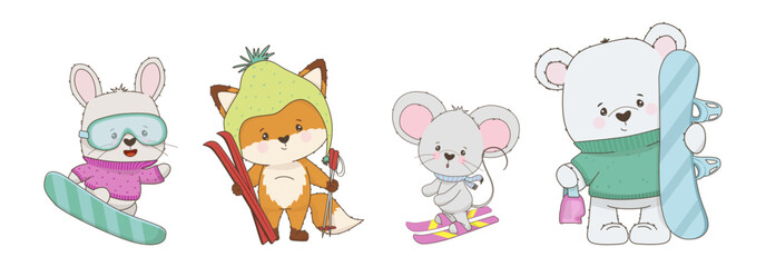 Obraz premium Vector illustration of four cute animals with skis and snowboards. Mouse, polar bear, lich and bunny are skiing and snowboarding. for holiday and sporty winter themes.