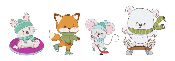 Mouse, polar bear, fox and bunny skating. Vector illustration of four cute animals on skates and sleds. Perfect for holiday and sporty winter themes