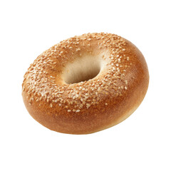 A sesame bagel, slightly angled, against a black background.  A round, light-brown bagel with a visible hole and a light-tan, sesame seed topping.  It appears fresh and whole