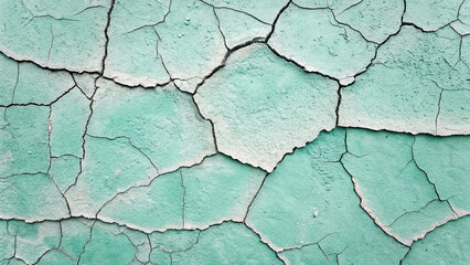 Obraz premium Light green paint displaying extensive crack networks forming polygon-shaped segments with raised edges and subtle color gradations throughout weathered surface.