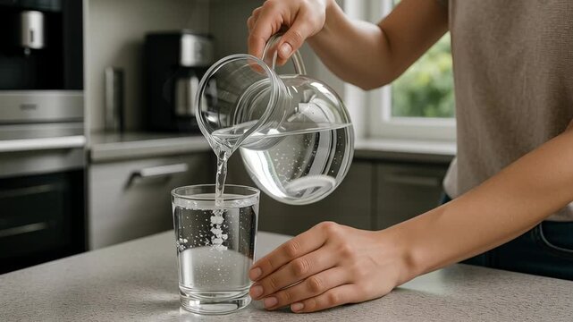 Clean water pouring from glass pitcher into glass kitchen counter with home water purifier nearby for fresh hydration