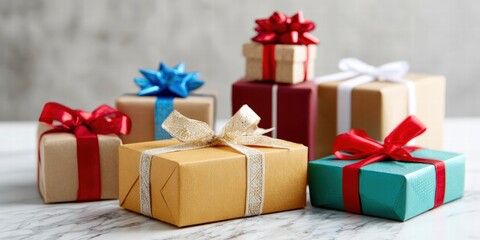 Obraz premium Elegant gift boxes with colorful ribbons and decorative bows for celebrations holidays special occasions Christmas New Year birthdays and festive gift-giving
