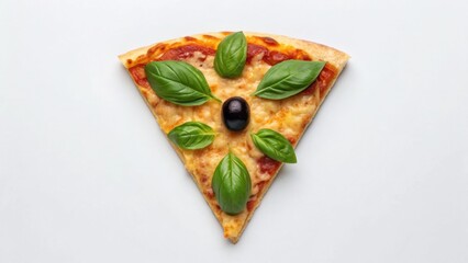 Vegan Pizza A slice of pizza garnished with fresh basil leaves and an olive center.