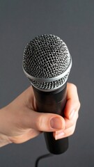 Hand holding a black microphone