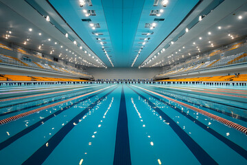 Empty Olympic size indoor swimming pool arena, modern architecture with lanes and diving platforms, contemporary aquatic center interior prepared for competition and professional training