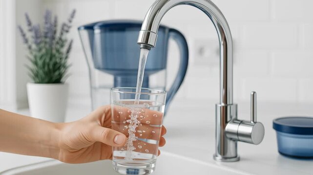 Clean home water purifier pouring fresh water into glass kitchen sink with modern faucet filling glass near water purifier