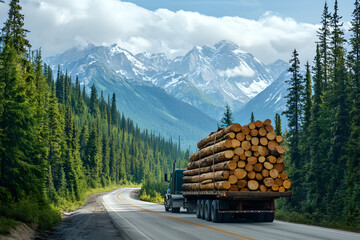 Semi trailer truck hauling heavy load of logs on rural highway, logging industry transportation concept, lumber delivery vehicle carrying timber cargo through forest supply chain route
