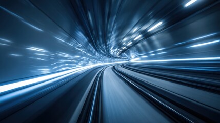 Fast-paced journey through a sleek tunnel with radiant blue and white lights creating an atmosphere of speed and technology, emphasizing motion and modern design elements.
