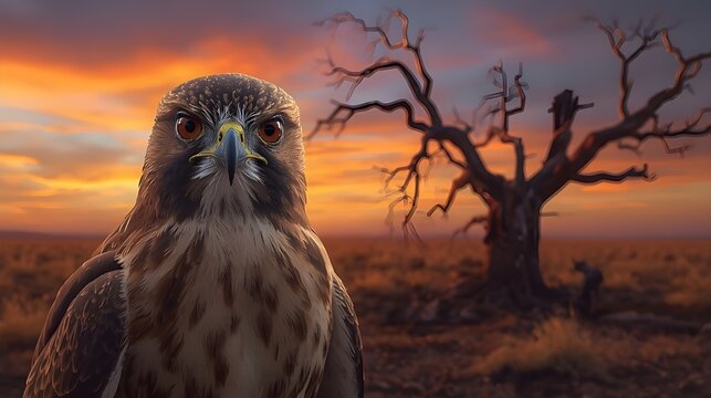 Majestic hawk surveys arid landscape at stunning sunset, its keen eyes focused on the horizon