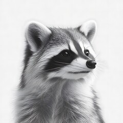 Detailed portrait of a raccoon in grayscale.